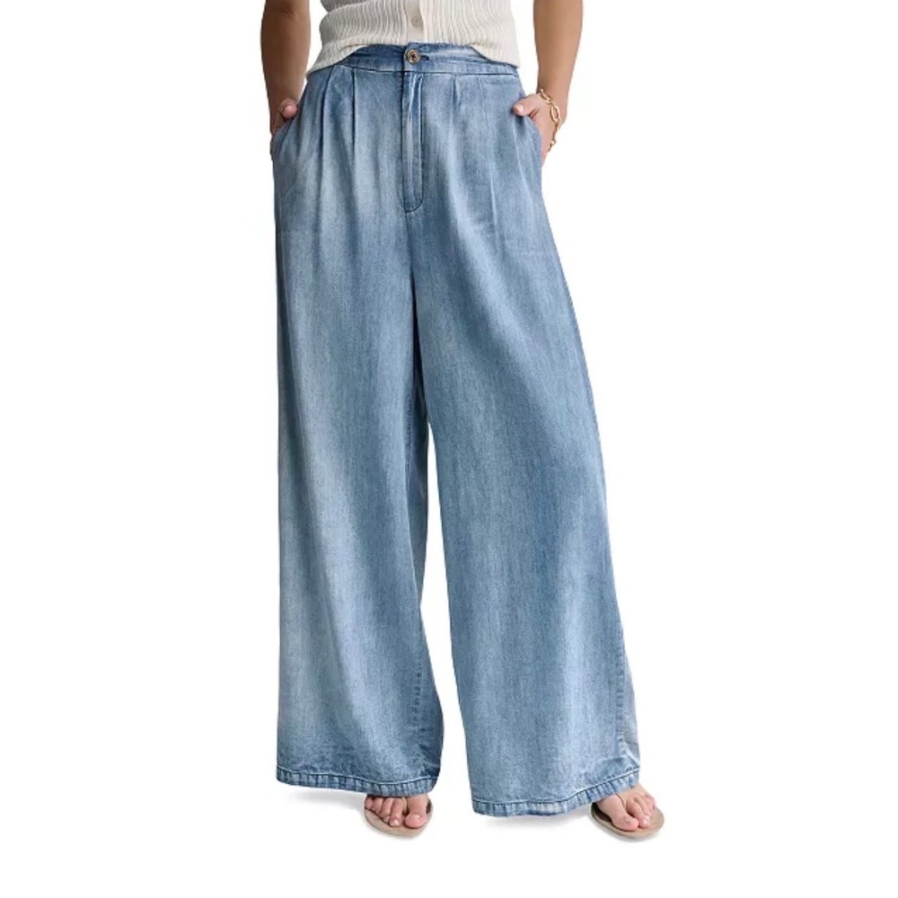BCBGeneration High Rise Wide Leg Trousers Blue Denim Pleated Pants Small